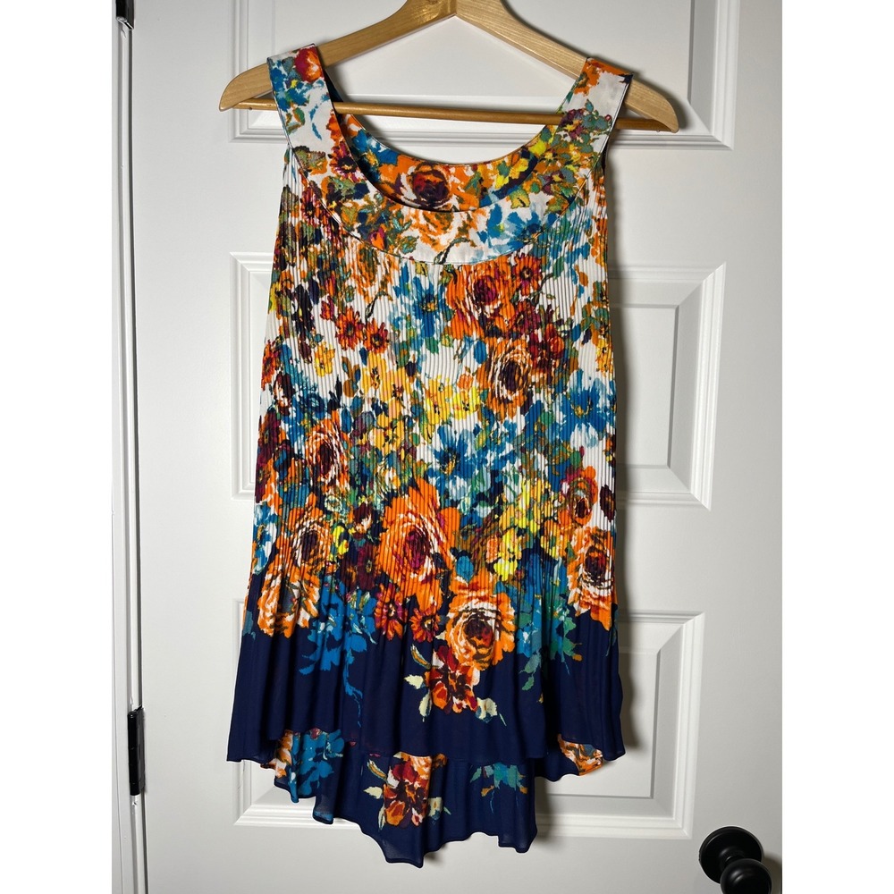 Sami & Jo Womens Large Floral Pleated Sleeveless High Low Blouse Multi-Color